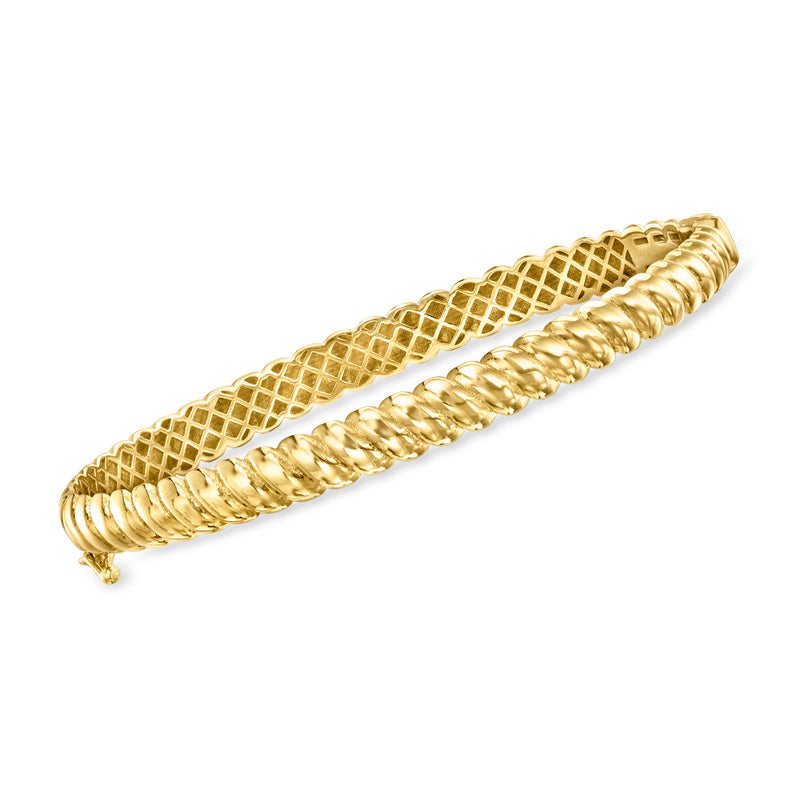 14kt yellow gold twisted bangle with polished ridged sides and woven lattice center