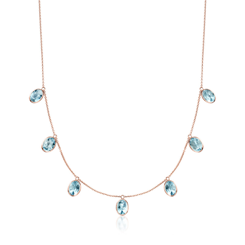 Aquamarine drop necklace in 14kt rose gold with oval blue gemstones on chain