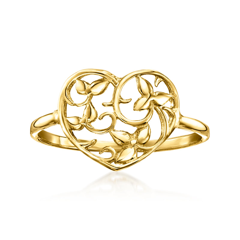 10kt yellow gold floral cutout ring with heart-shaped openwork design