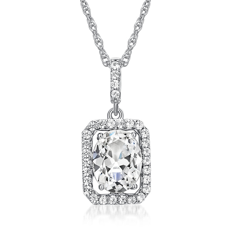 Sterling silver moissanite pendant necklace, square halo bezel stone on chain