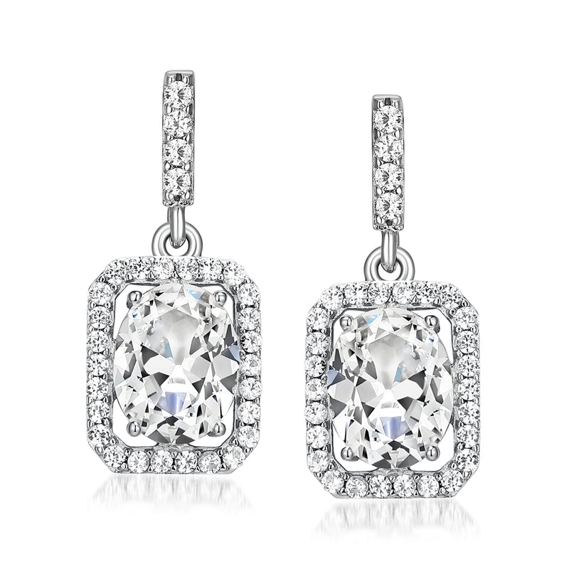Sterling silver moissanite drop earrings with square-cut center and halo stones