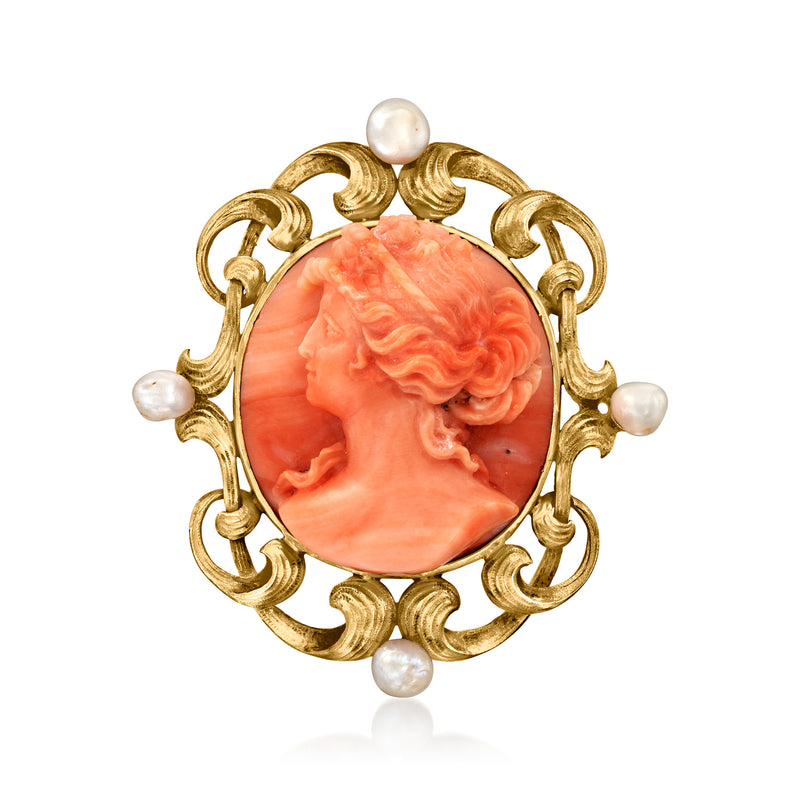 Gold cameo pin with coral-red oval relief and baroque pearls