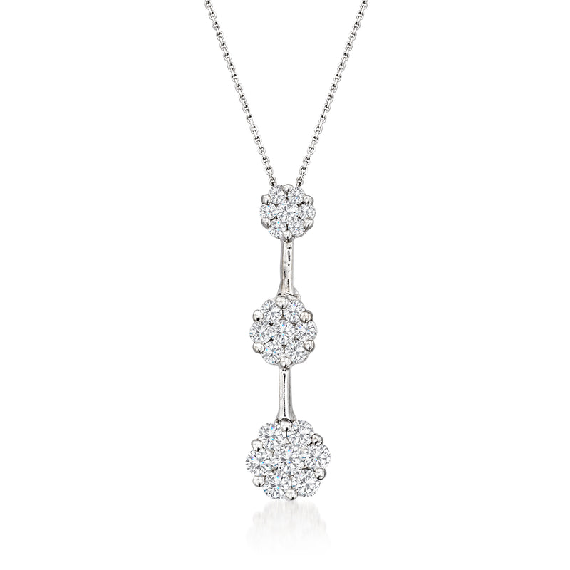 14kt white gold diamond cluster journey pendant necklace with three stacked clusters