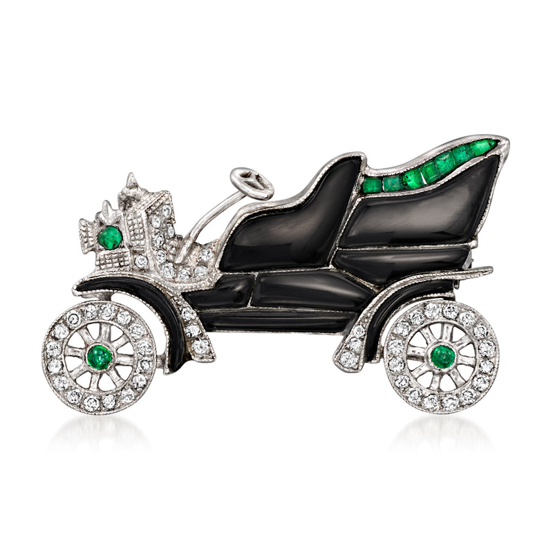 Vintage onyx and diamond car pin in 14kt white gold with green emerald accents