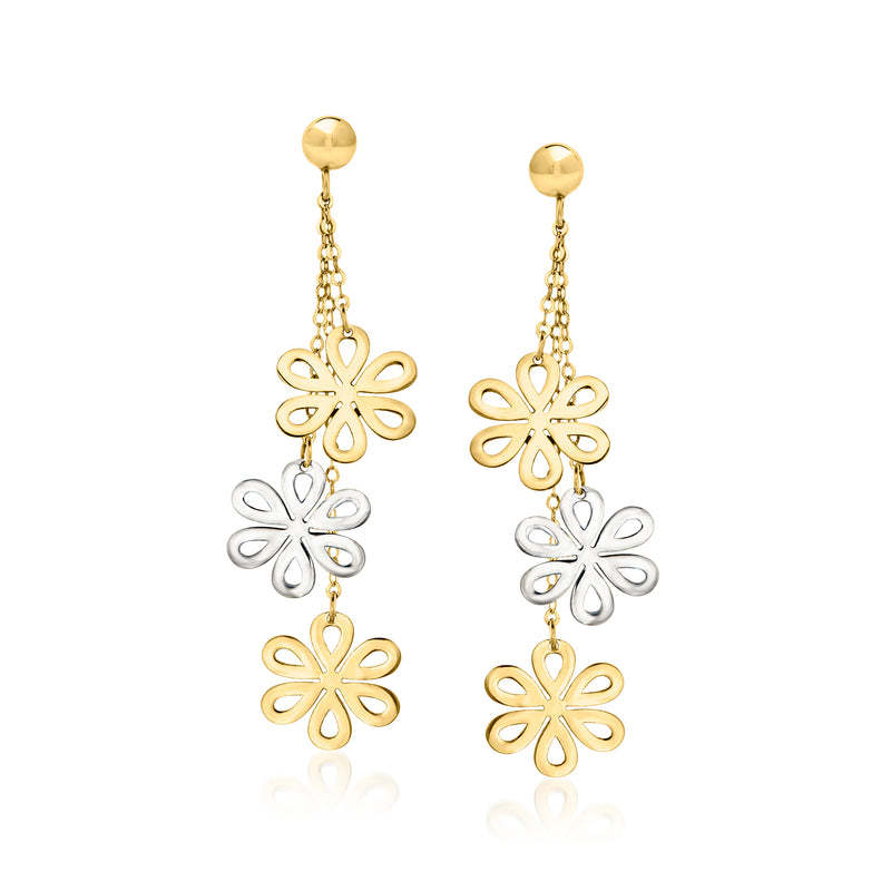 Two-tone gold flower drop earrings with three dangling rosette charms, gold and silver-tone