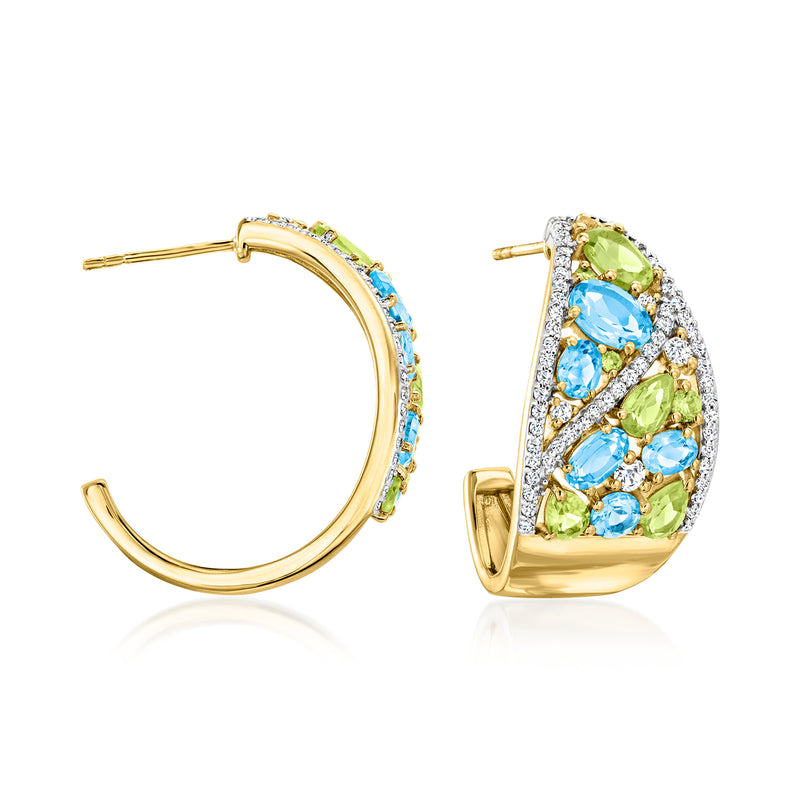 18k gold over sterling hoop earrings with blue, green, and clear gemstone accents