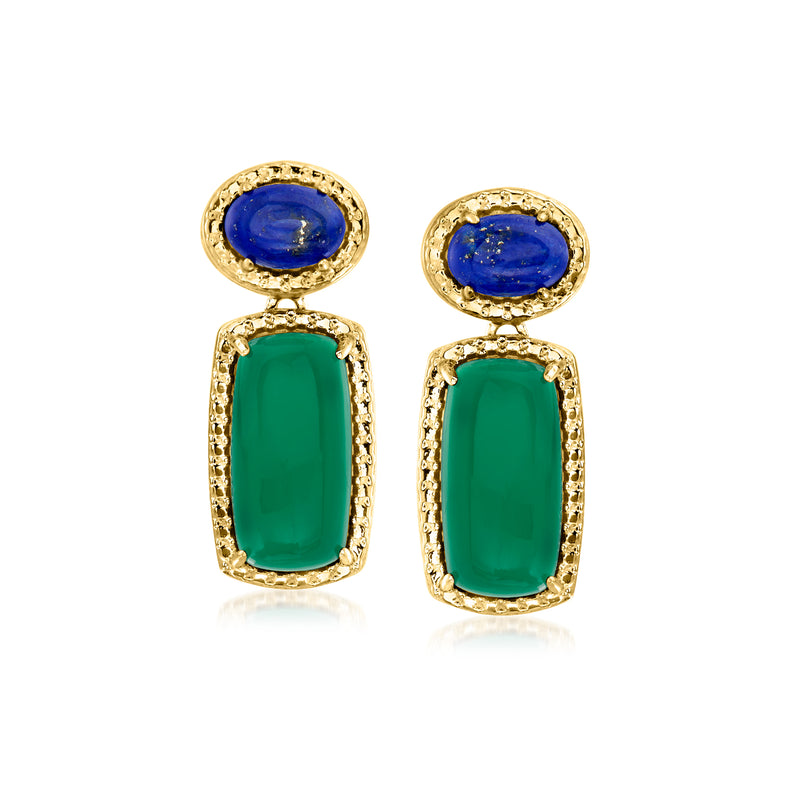 18kt gold over sterling drop earrings with blue lapis top and green chalcedony rectangles