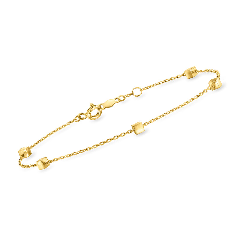 14kt yellow gold cube station bracelet with linked chain and box clasp