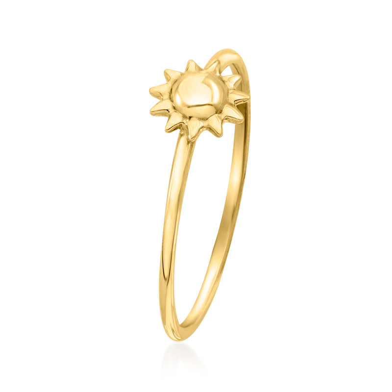 Yellow gold sun motif ring with slim band and raised sun design