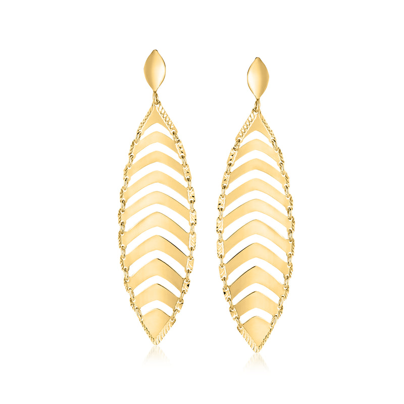 Yellow gold leaf drop earrings with chevron zigzag link dangle and hook backs