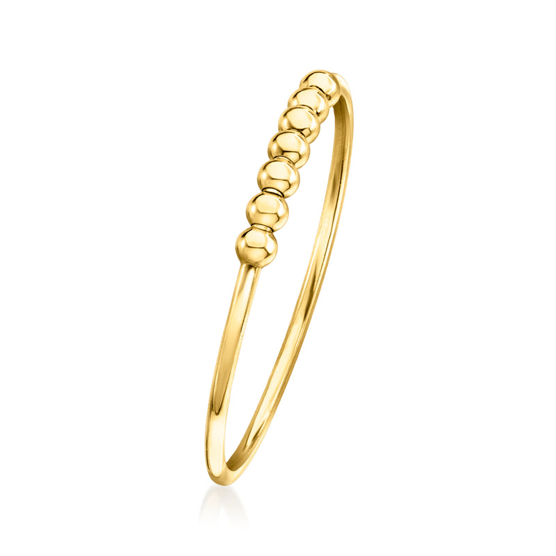 Yellow gold bead station ring, slim band with rounded bead stations, side view