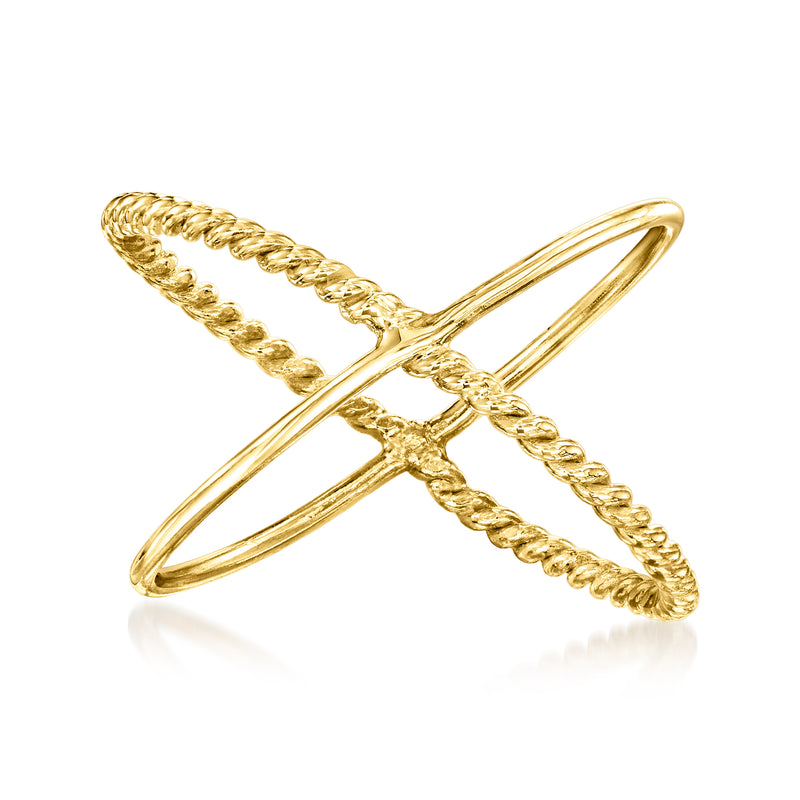14kt yellow gold crisscross X ring with braided and smooth bands