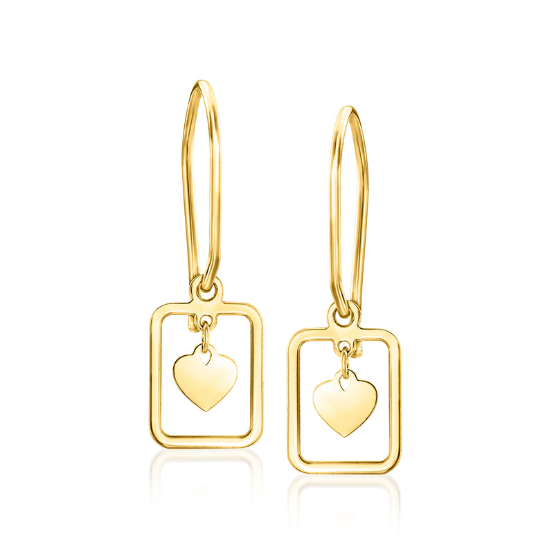 Yellow gold framed heart drop earrings with square frames and heart charms