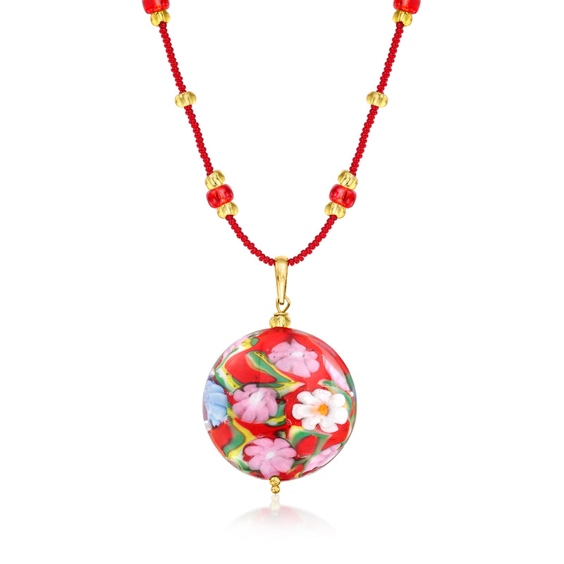 Red beaded necklace with gold-toned ring floral Murano glass disc pendant
