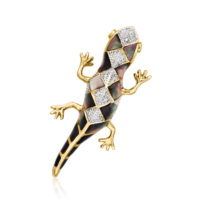 Vintage lizard pin in 14kt yellow gold with mother-of-pearl and white stone accents