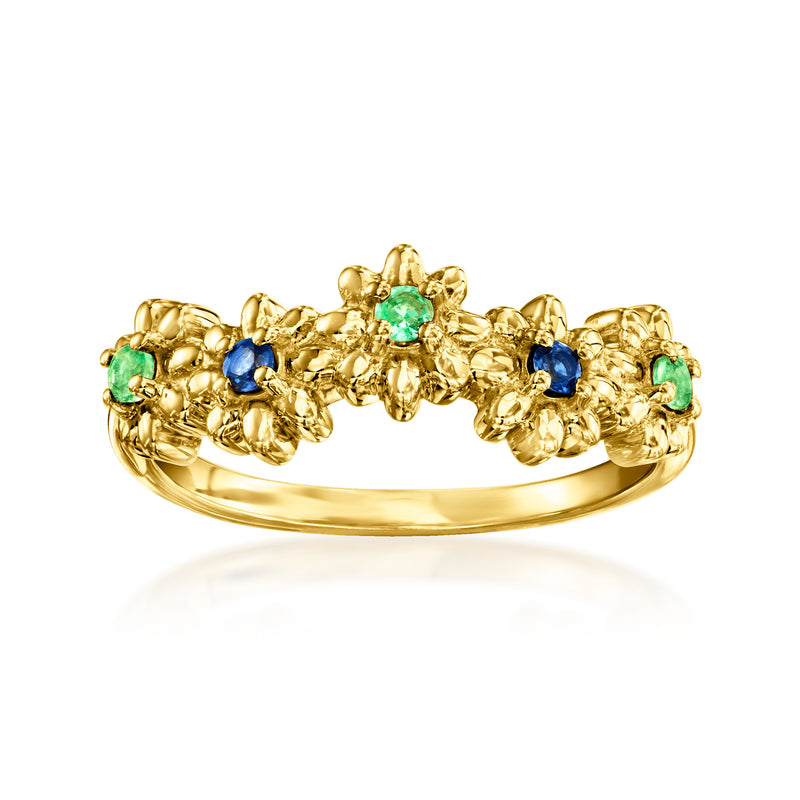 18kt gold over sterling floral ring with green and blue gemstones