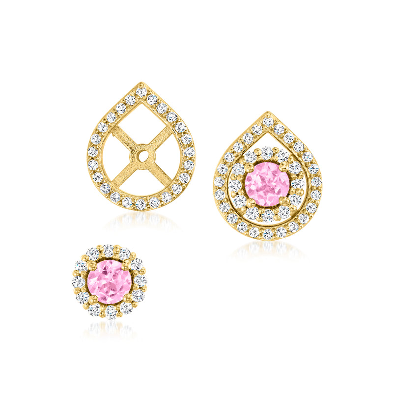 Gold-tone stud earrings with pink round gemstone center, white stone halo, jacket set