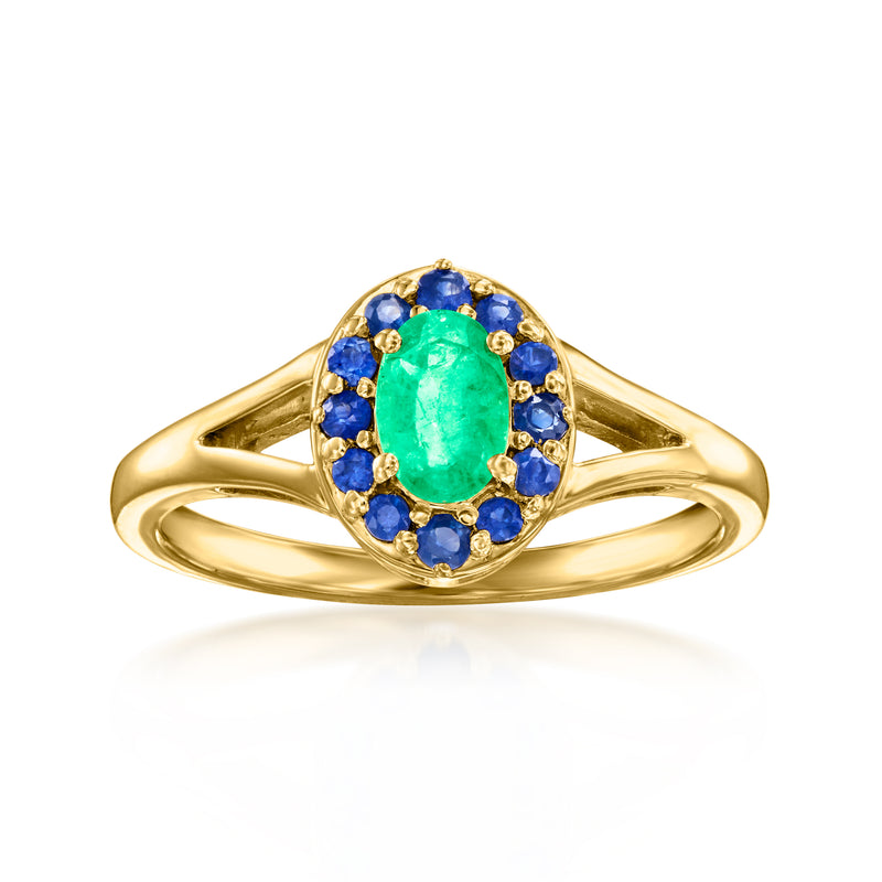 18kt gold over sterling ring with green oval emerald center and blue sapphire halo