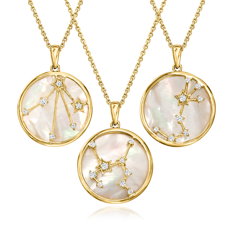 Gold zodiac pendant necklace with three mother-of-pearl round charms and white topaz stars