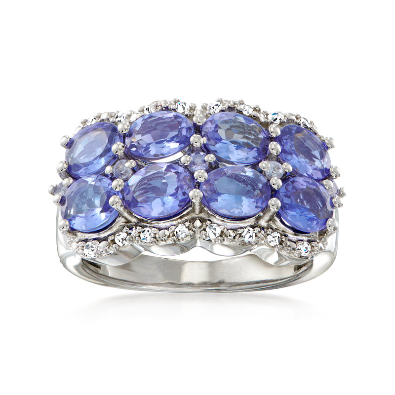 Sterling silver ring with oval blue tanzanite and white zircon accents