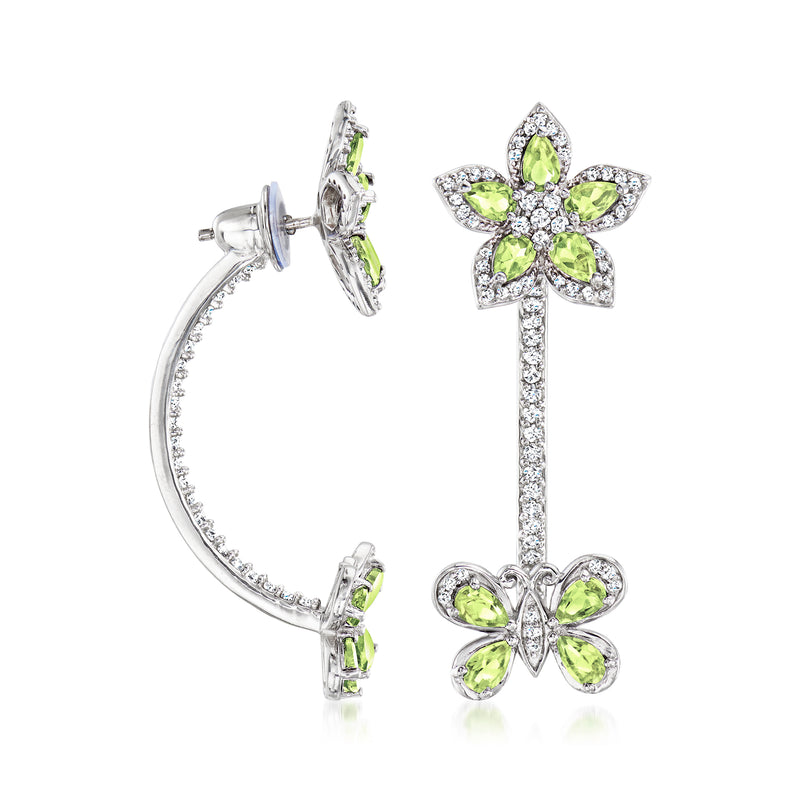 Sterling silver drop earrings with green peridot-style stones, flower/butterfly design