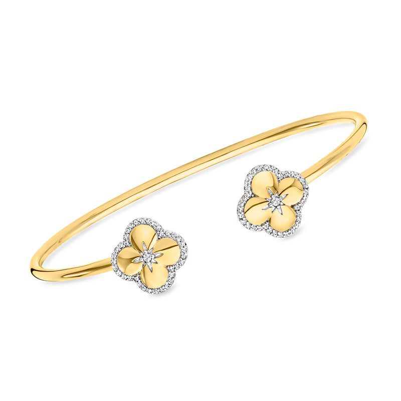 Gold-tone diamond flower cuff bracelet with two round settings, open bangle design