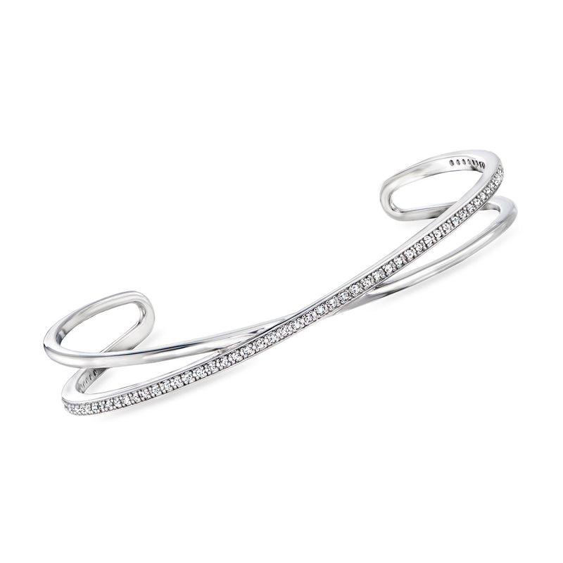 Sterling silver diamond crisscross cuff bracelet with pavé-set stones