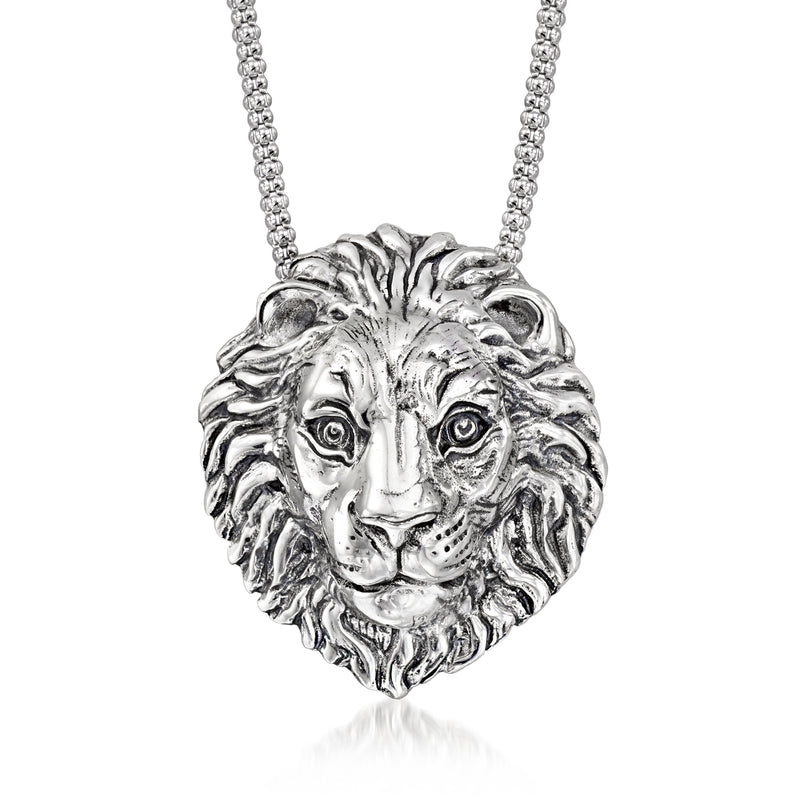 Sterling silver lion head pendant necklace with raised mane detail on chain