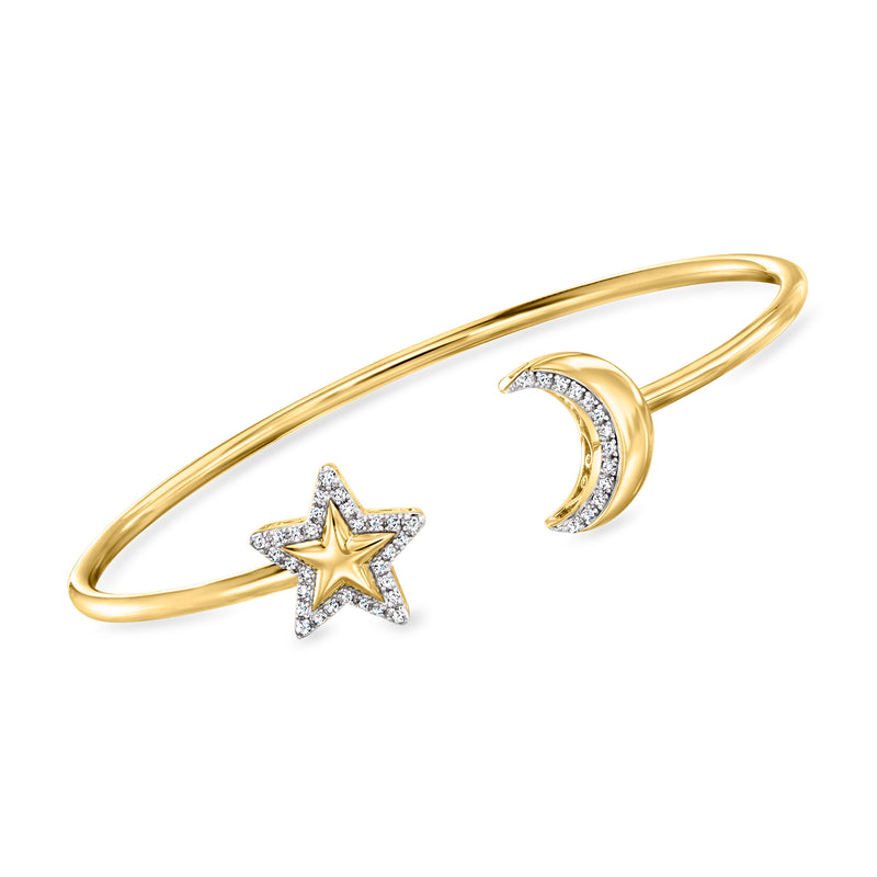 Gold over sterling cuff bracelet with star and crescent moon accents with clear stones