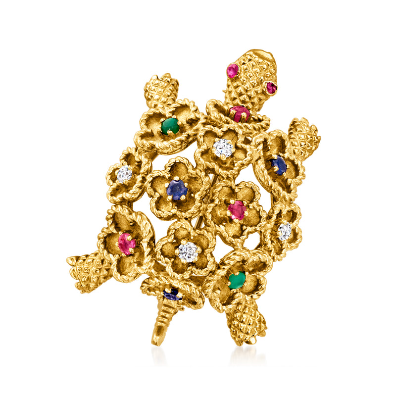 Gold turtle flower pin with multicolor gemstones and small clear diamond accents