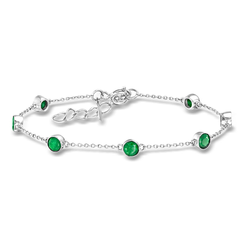 Sterling silver emerald station bracelet with green round stones and clasp