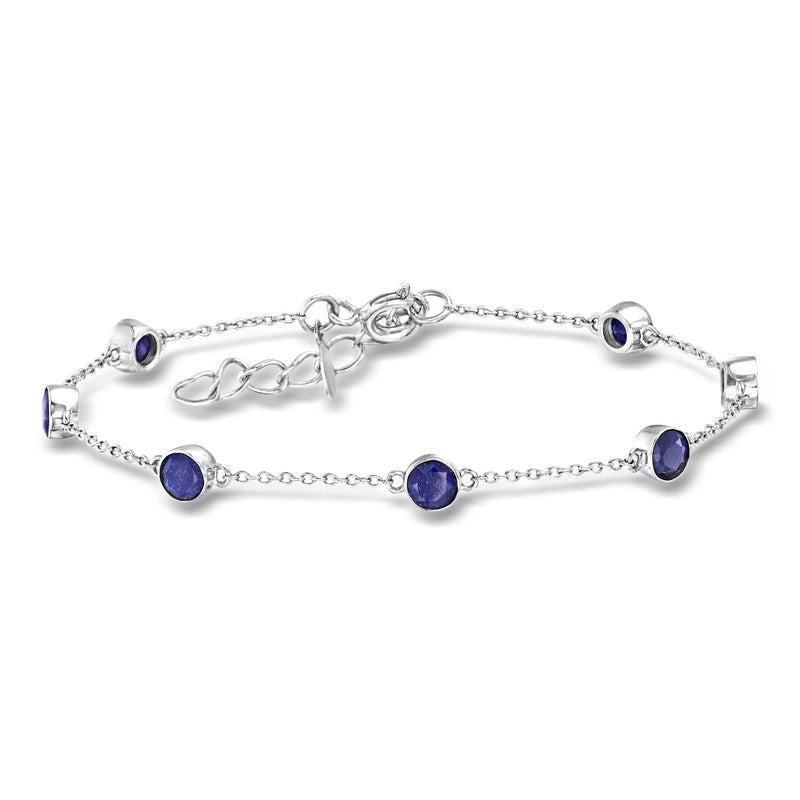 Sterling silver sapphire station bracelet with five round blue stones and clasp
