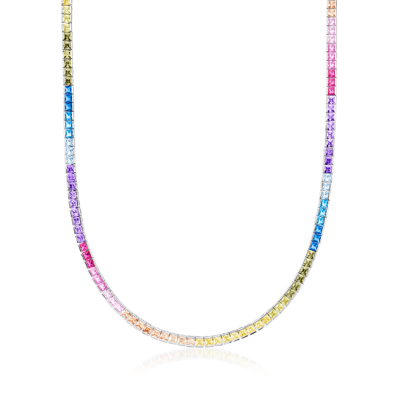 Sterling silver tennis necklace with multicolored square-cut stones in a U-shape