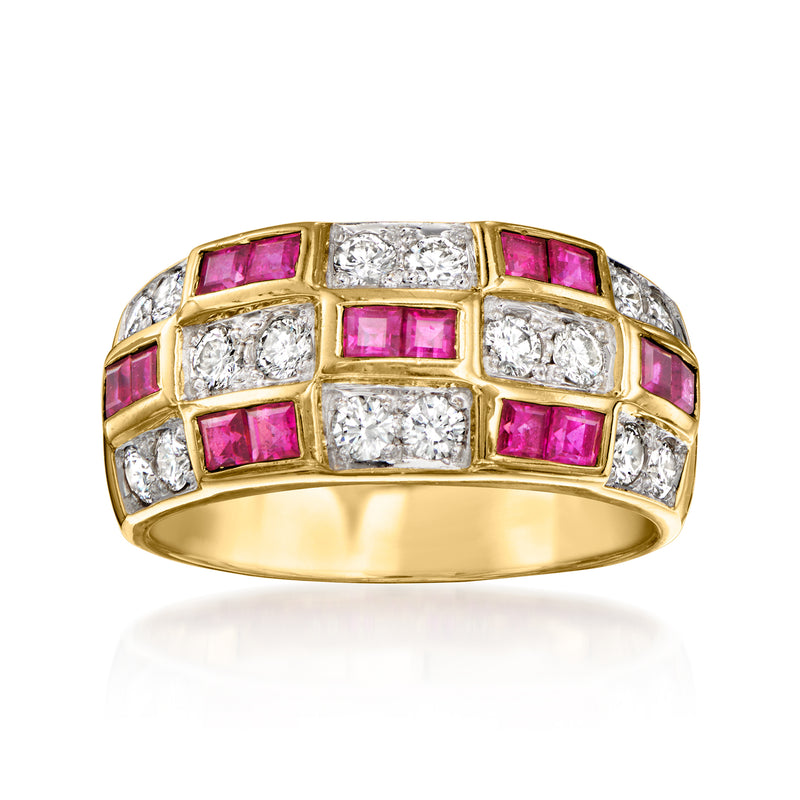14kt yellow gold vintage ring with square pink rubies and white diamond accents