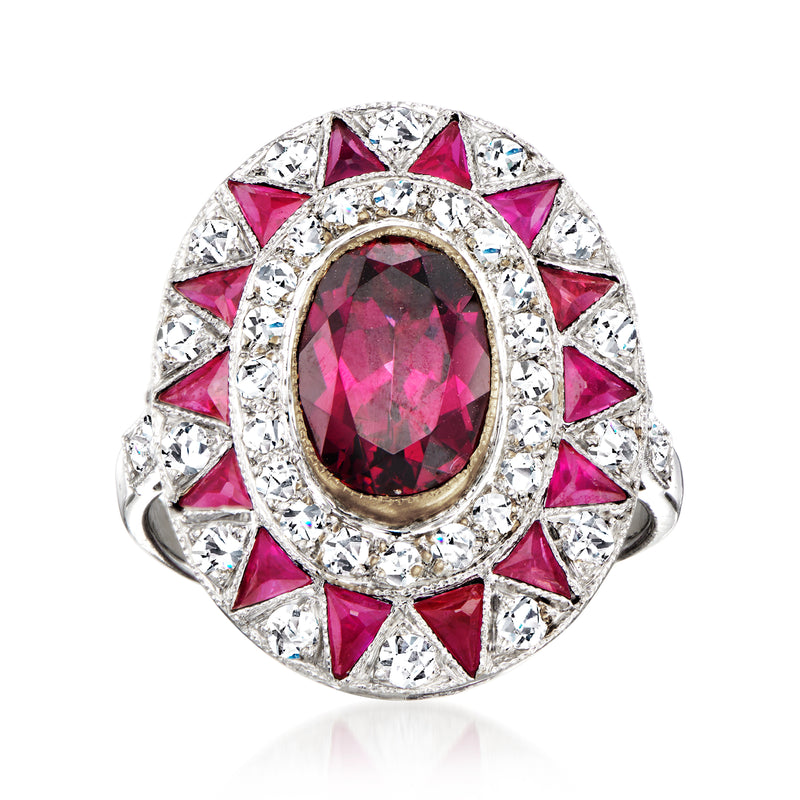 18k white gold vintage-style cocktail ring with oval dark pink gemstone and diamond halos