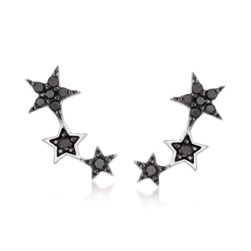 Sterling silver star earrings with black diamond accents, star drop design, post backs