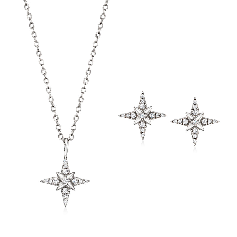 Sterling silver diamond star pendant necklace and stud earrings set