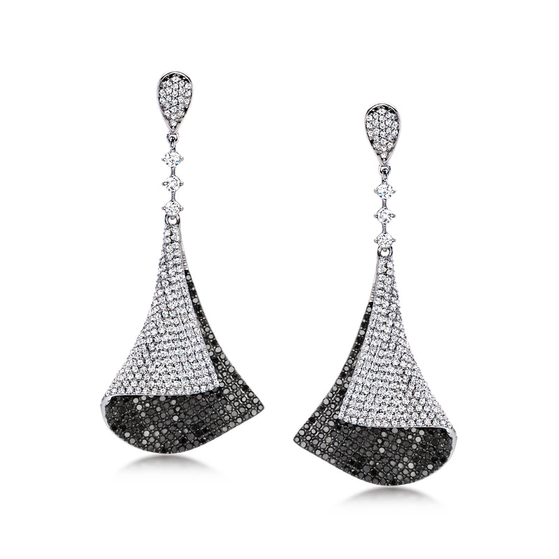 Sterling silver black and white diamond drop earrings with draped teardrop design
