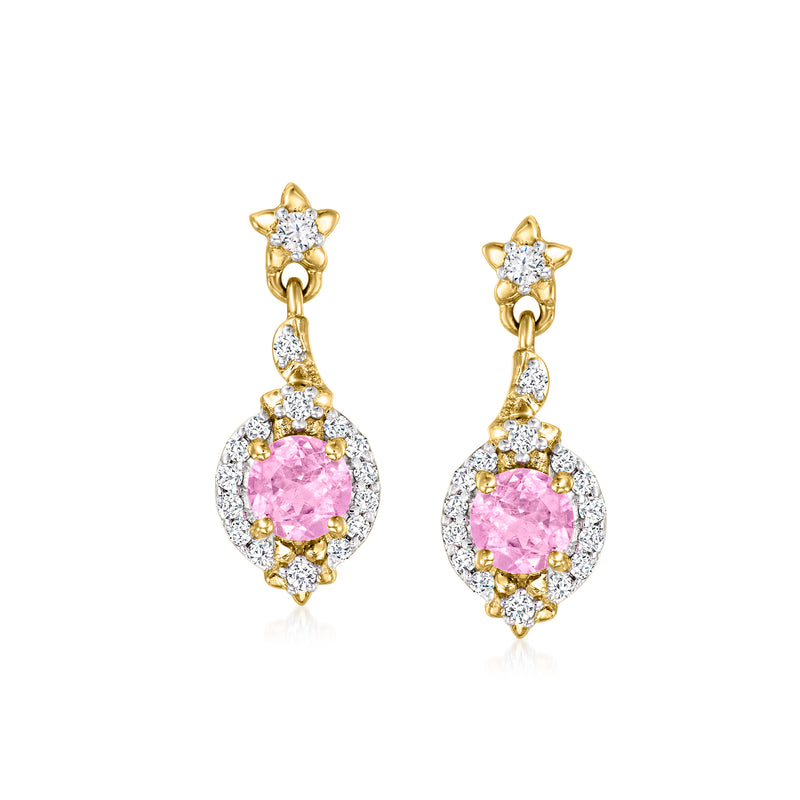 14kt yellow gold drop earrings with pink sapphire and diamond clusters