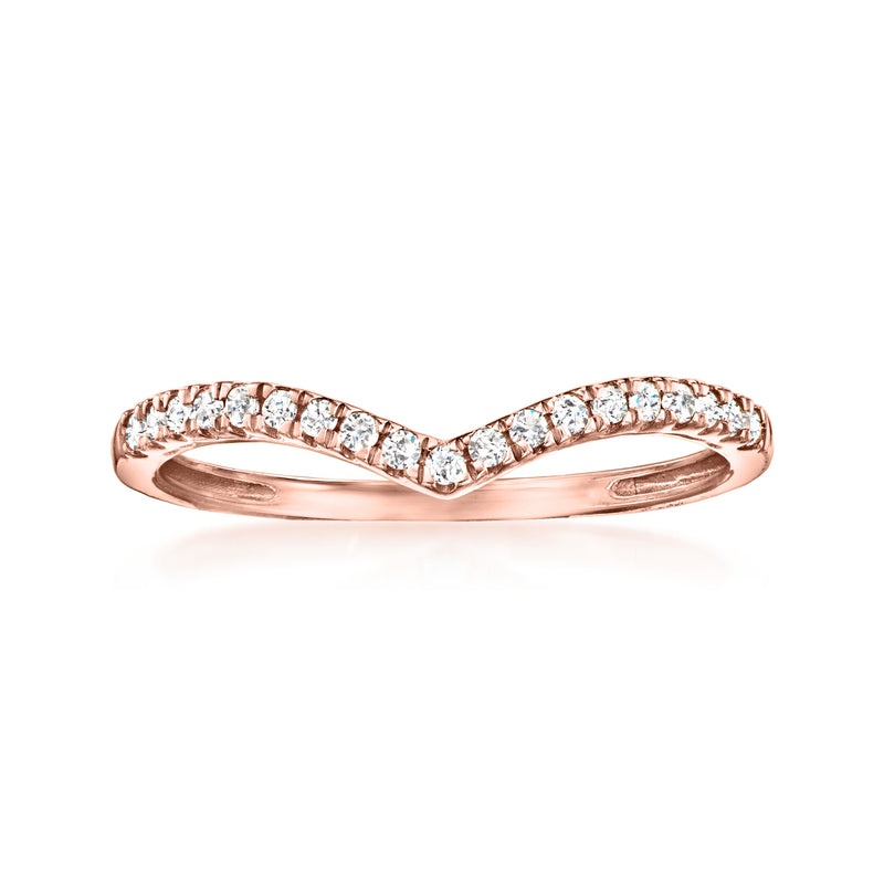14kt rose gold chevron diamond ring with small channel-set stones, polished band
