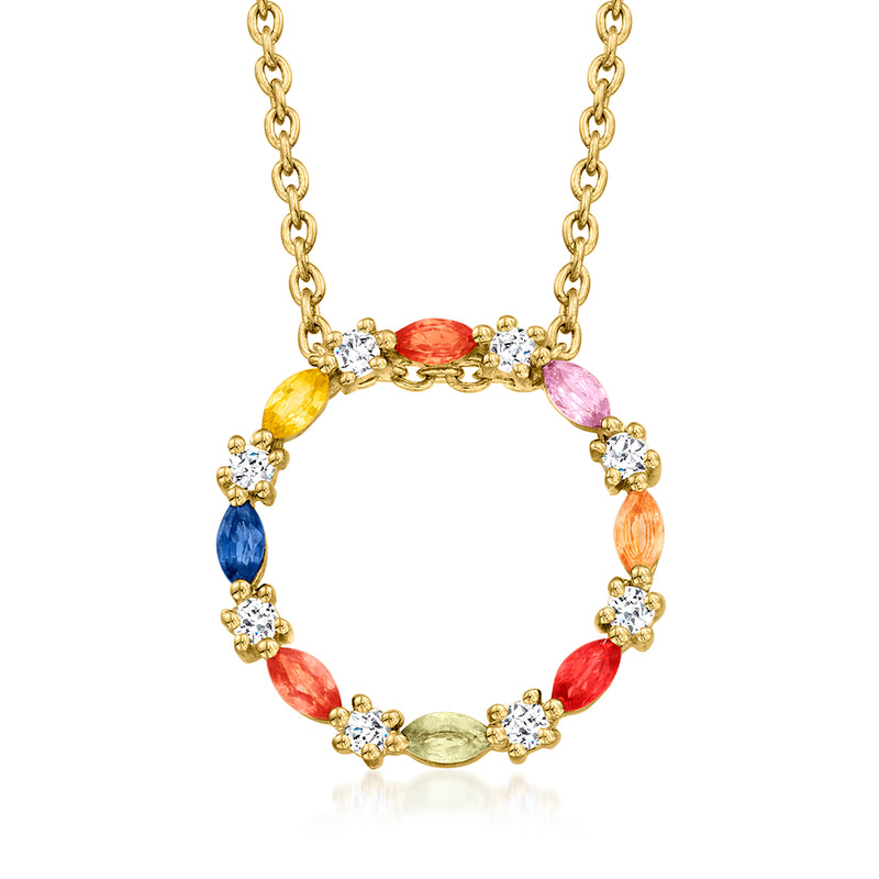 Gold circle pendant necklace with multicolored gemstones and white sparkle stones