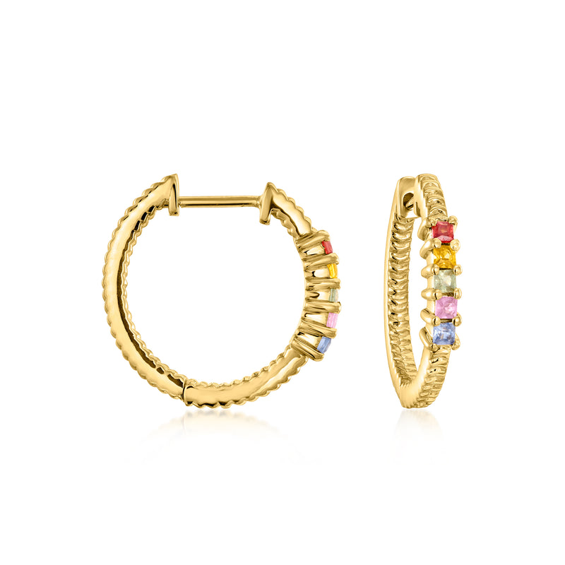 Gold hoop earrings with multicolored sapphire stones in a row, hinged clasp
