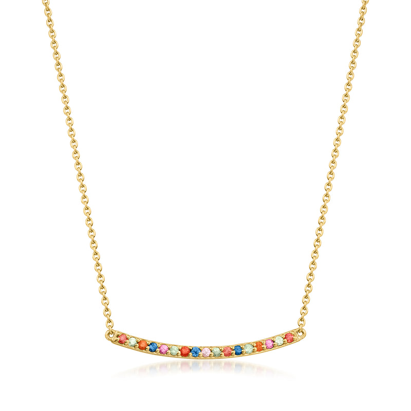 Curved bar necklace with multicolored sapphire inlay and 18kt gold over sterling chain