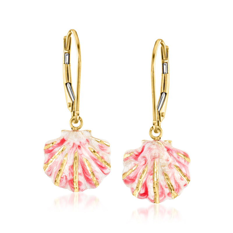 14kt yellow gold leverback drop earrings with pink and white enamel seashells