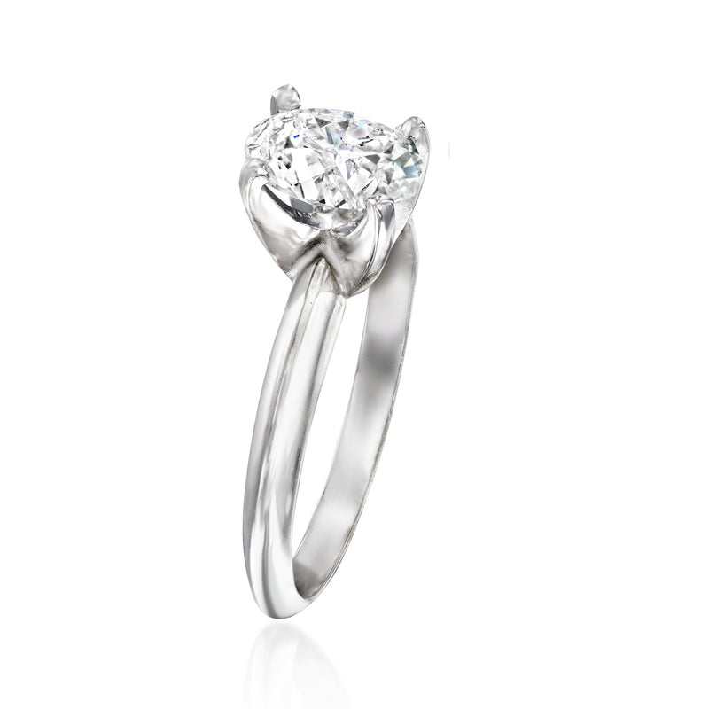 14kt white gold oval diamond solitaire ring, angled view with four prongs