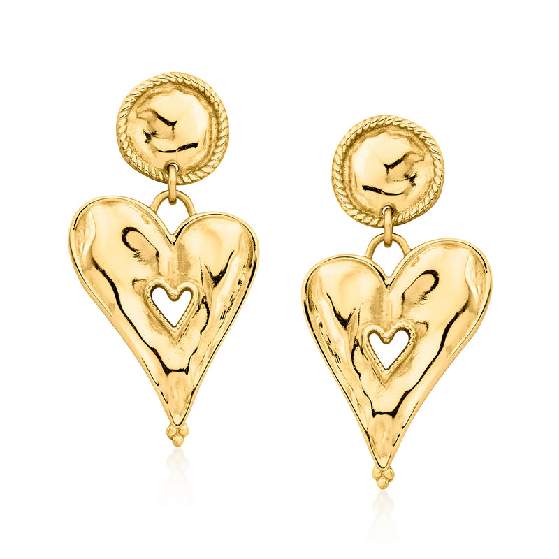 Gold over sterling heart drop earrings with asymmetrical heart charms, scalloped round tops