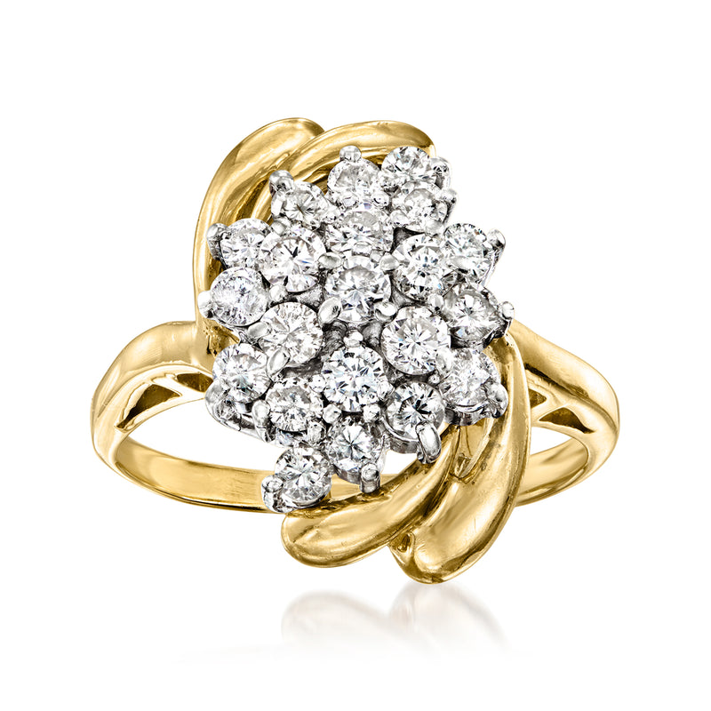 Two-tone gold diamond cluster ring with round brilliant stones, heart-shaped cluster