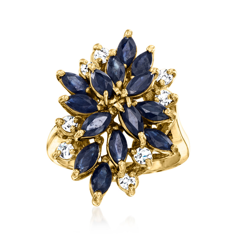 14k yellow gold cocktail ring with marquise blue sapphires and round diamonds