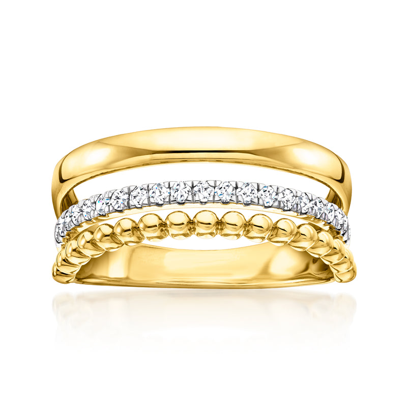 18kt gold over sterling three-row diamond ring with round stones, polished band