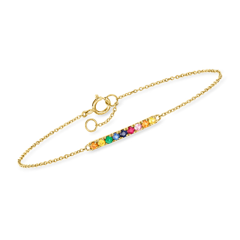 14kt yellow gold multi-gemstone bracelet with bar of colorful stones and link chain